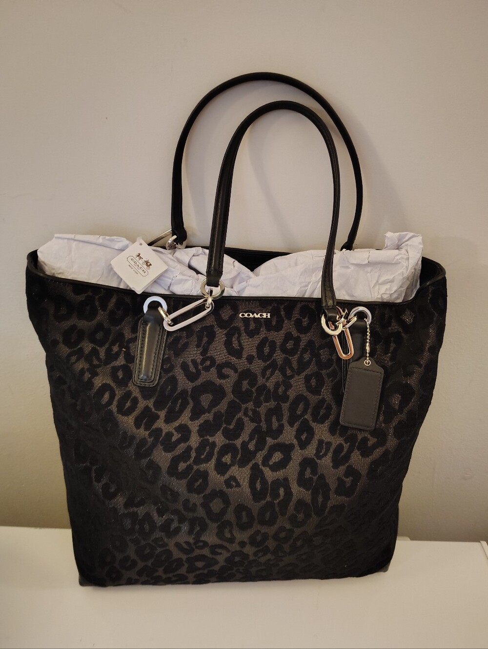 Coach Black Leopard Print Tote Bag Large Zip Lined Bag Charm Silver 26639